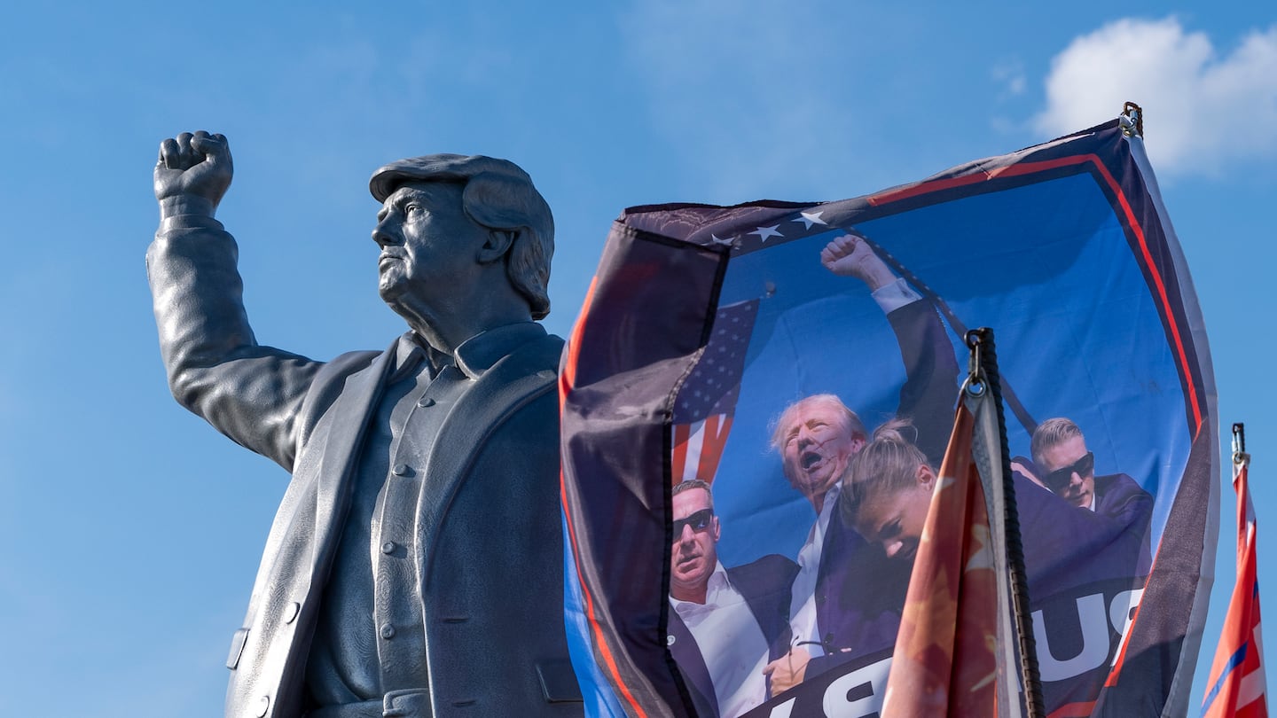 A statue of Republican presidential nominee former president Donald Trump is set up on a truck ahead of a campaign event at the Butler Farm Show, Oct. 4, in Butler, Pa.