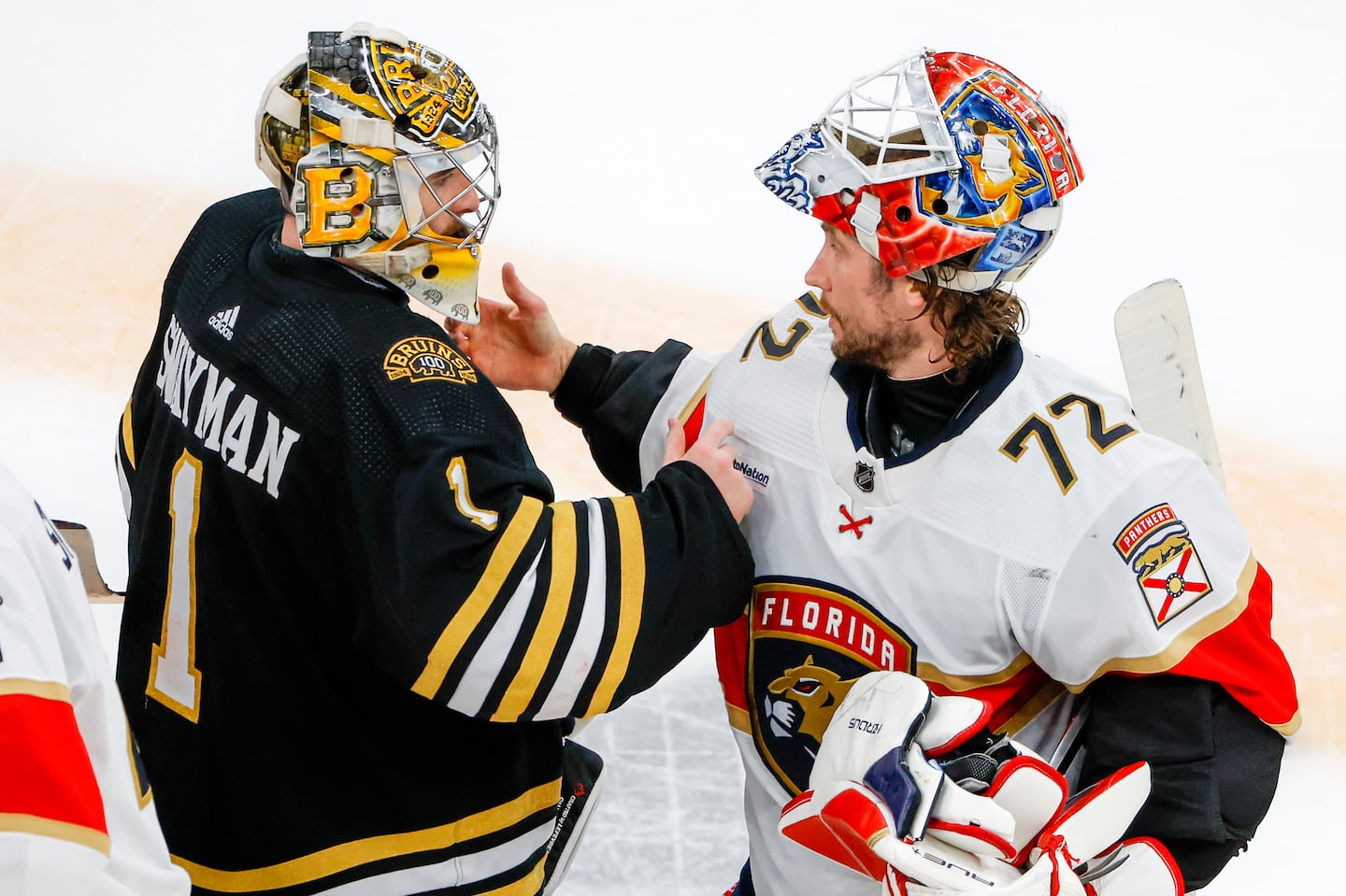 Sergei Bobrovsky (right) backstopped the Panthers to a second-round win over Jeremy Swayman and the Bruins last season.