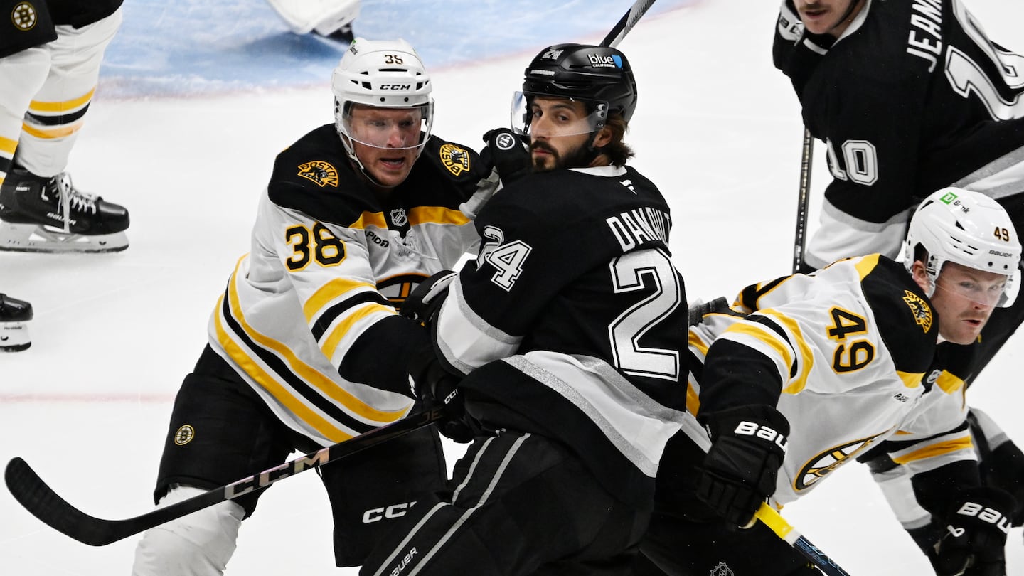 Max Jones (right) saw his first action of the exhibition season in the Bruins's loss to the Kings on Thursday.