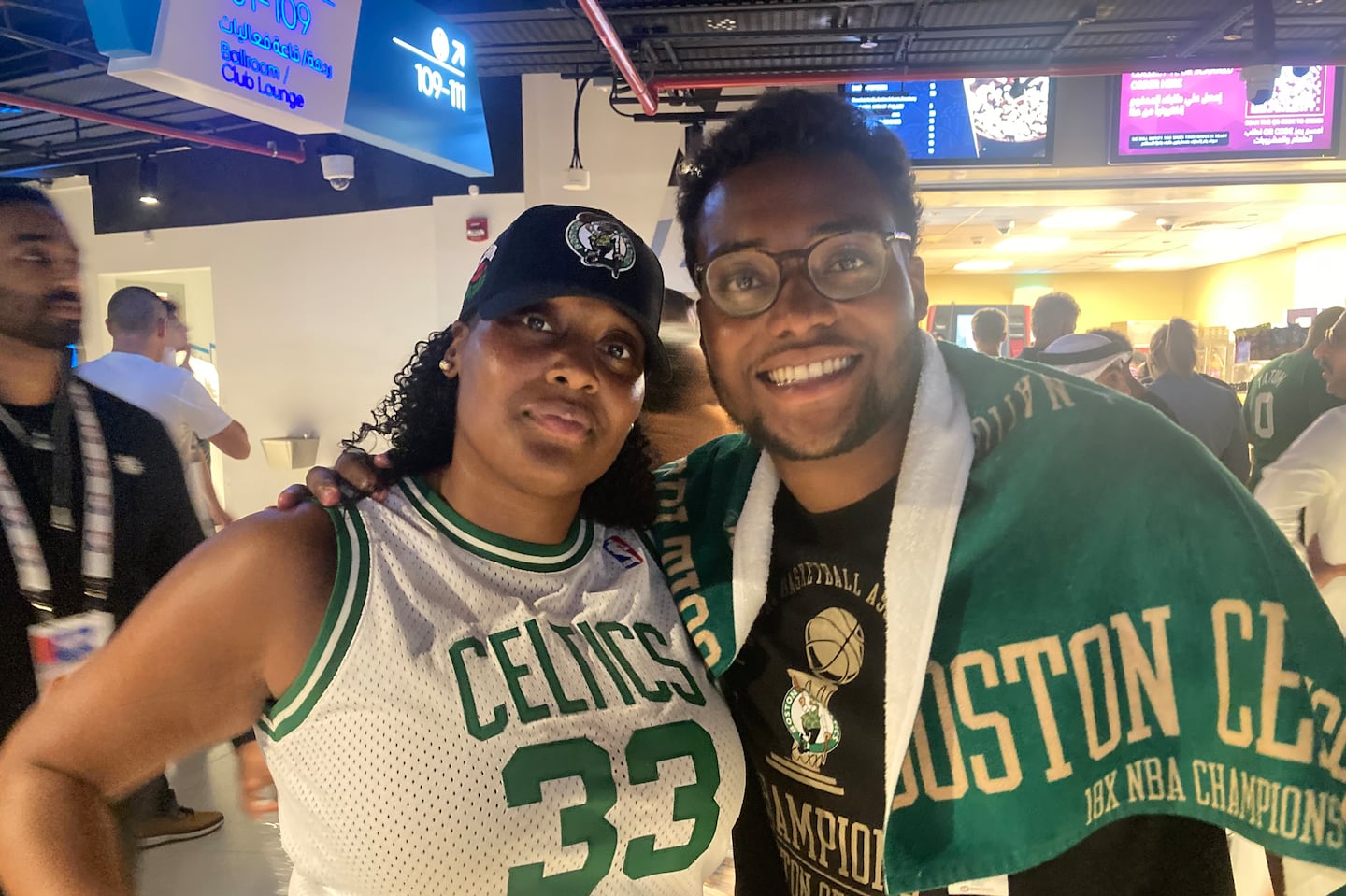 Nina and Clyde Jefferson of Dorchester frequent home games in the Garden's Loge 13, yet made the trip for Clyde's 21st birthday.