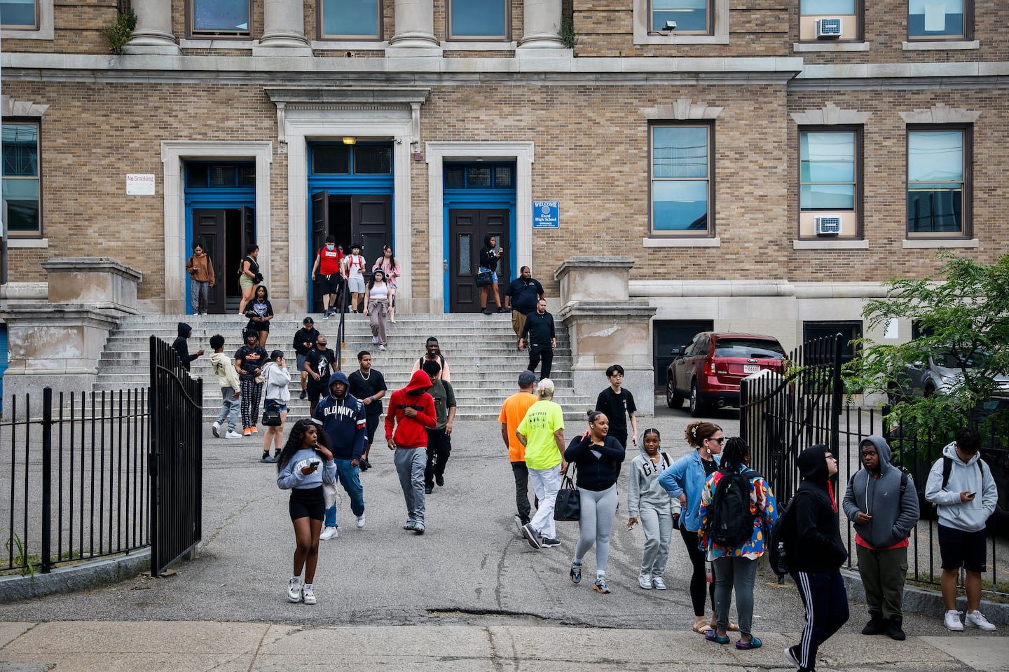 Students walked out of Excel Academy in South Boston (formerly South Boston High School) at the end of a school day on June 6.