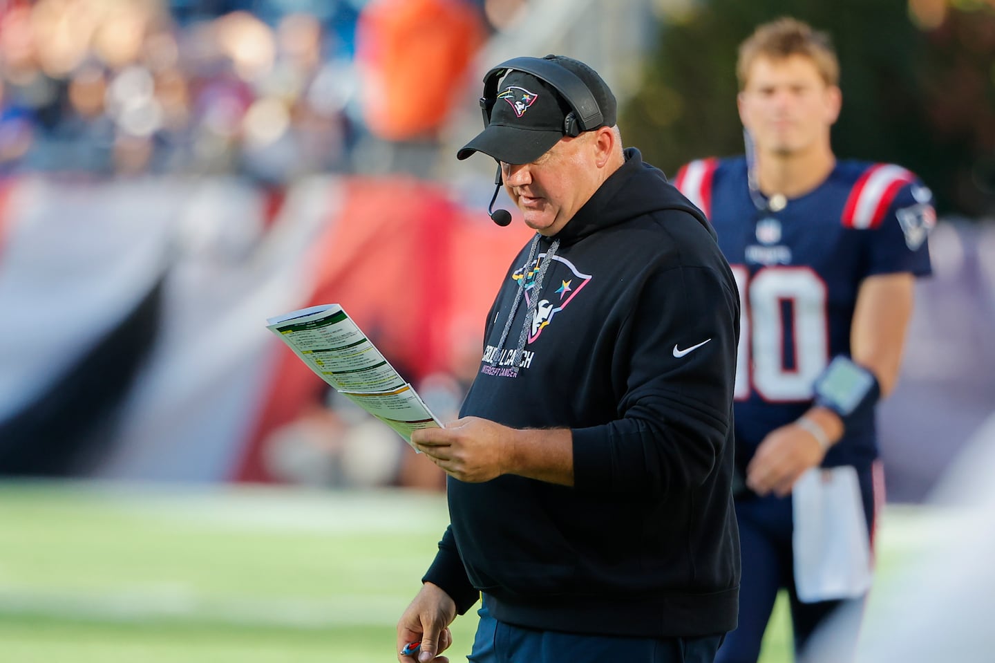 With Drake Maye (rear) continuing to wait in the wings, offensive coordinator Alex Van Pelt is searching for answers amid an ugly start in New England.