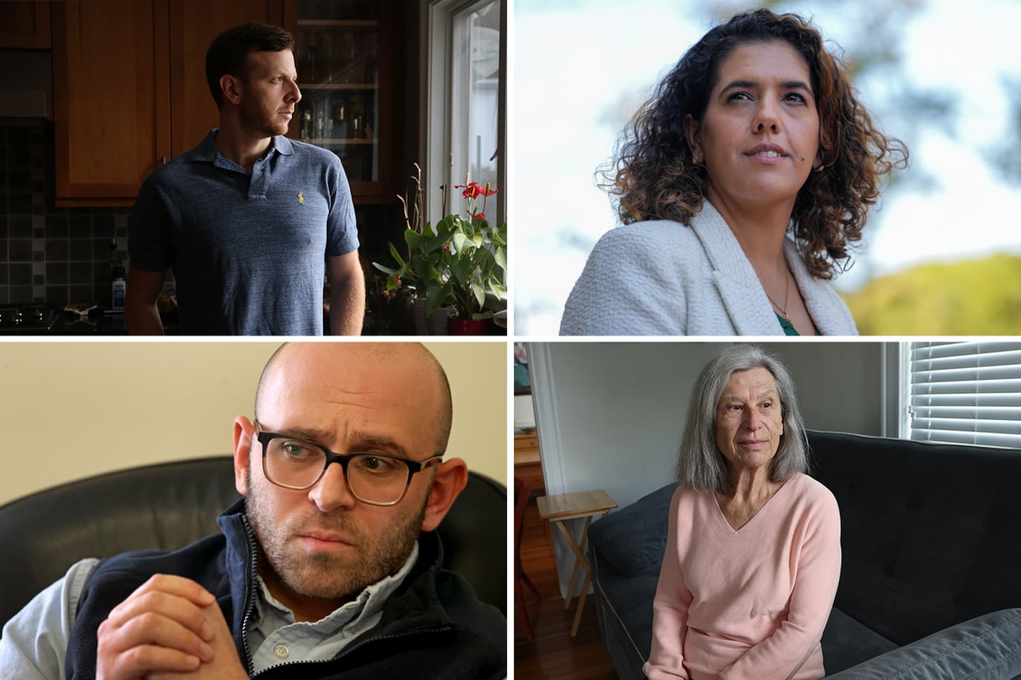 Aaron Karas (clockwise from top left), a former Israeli Defense Forces soldier from Newton; Anwar Mhajne, a political scientist who lectures at Stonehill College; Barbara Conn, a Belmont resident; and Sammy S. Nabulsi, a Palestinian American attorney living in Dorchester, are among the many New Englanders who have experienced pain and anguish since Oct. 7, 2023.