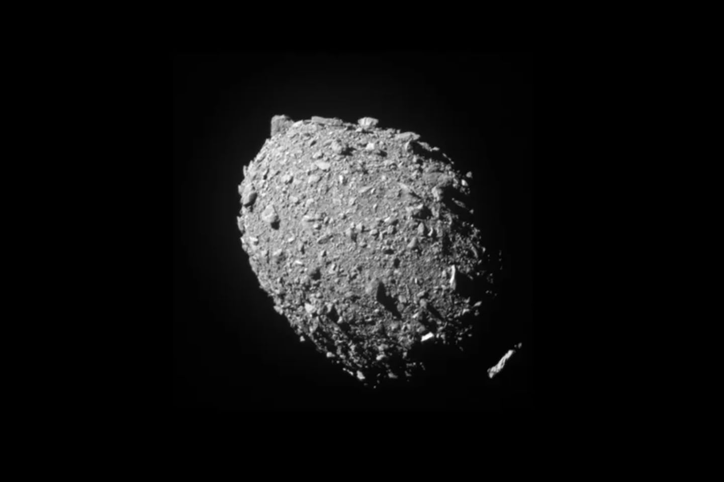 This image provided by NASA shows the asteroid Dimorphos, captured by NASA’s DART mission just two seconds before the spacecraft struck its surface, on Sept. 26, 2022.