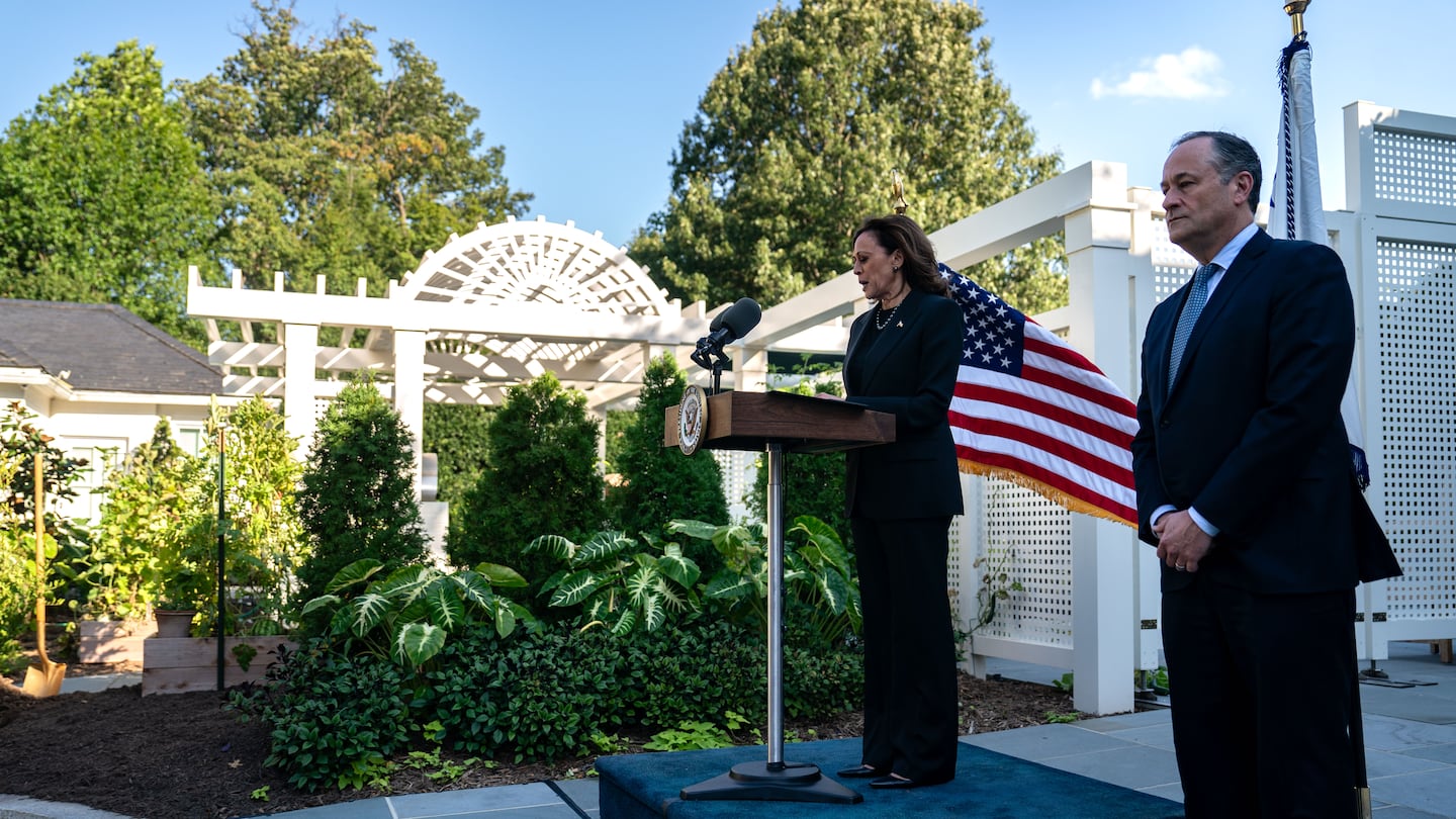 Vice President Kamala Harris speaks before planting a pomegranate tree at the Vice President's residence at the US Naval Observatory on Oct. 7, 2024 in Washington, D.C.