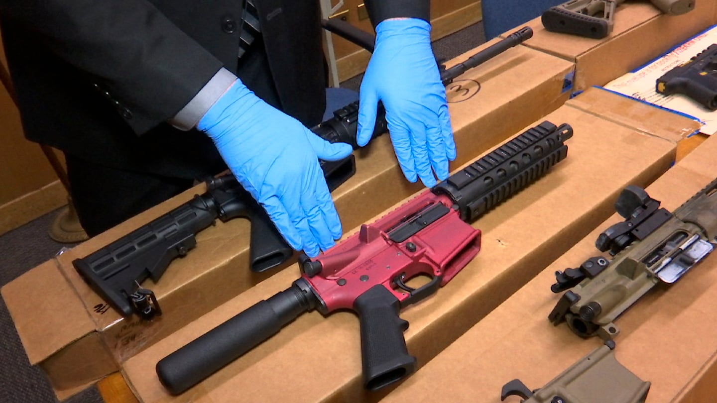 Ghost guns are displayed at the headquarters of the San Francisco Police Department, in San Francisco, Nov. 27, 2019.