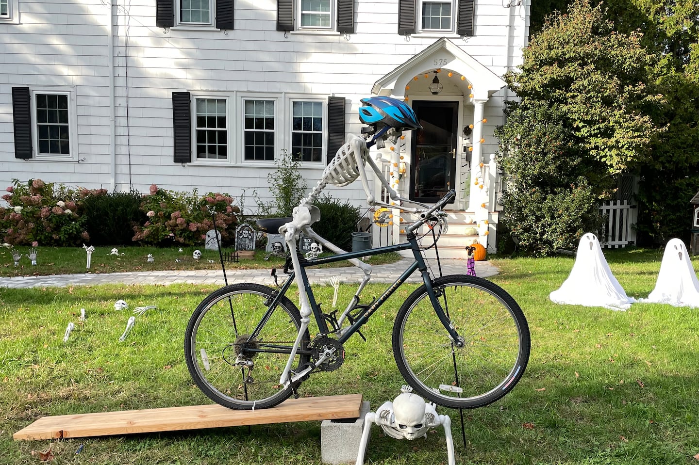 A skeleton rode a bike over another skeleton outside the Rockwoods' home in Needham last year.