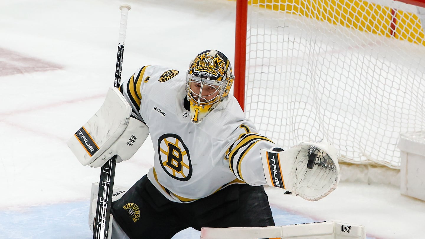 Sunrise FL   5/14/24  15bruins  Boston Bruins goalie Jeremy Swayman (1) makes a save against the Florida Panthers during second period action in game five of the Eastern Conference NHL second round Playoff game at Amerant Bank Arena.  Photo by Matthew J Lee/Globe Staff