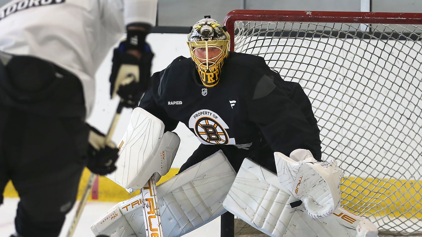 Joonas Korpisalo (above) appears to be the choice for goal when Bruins coach Jim Montgomery makes his "game-time decision."