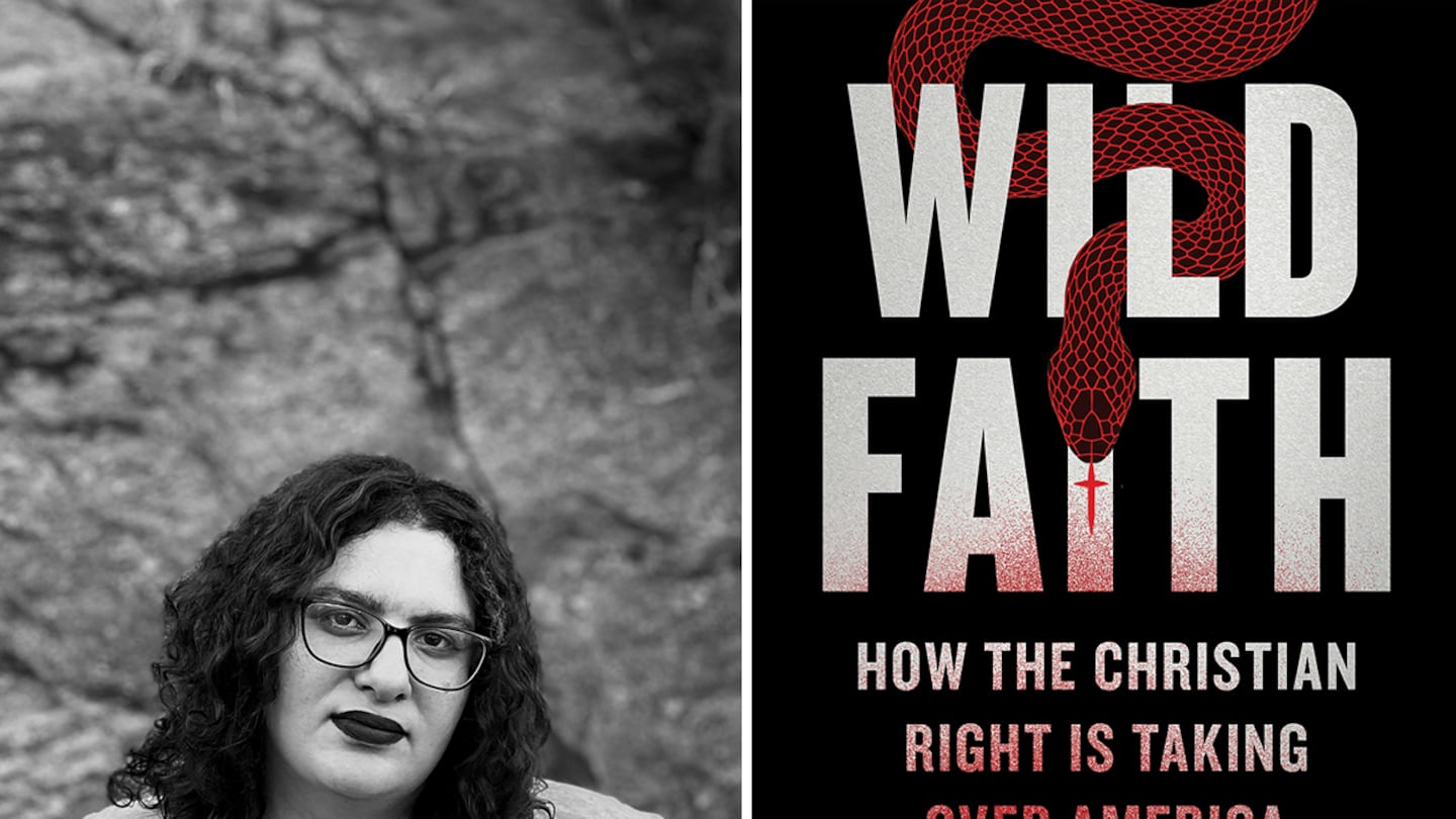 Talia Lavin and the cover to her book “Wild Faith.”