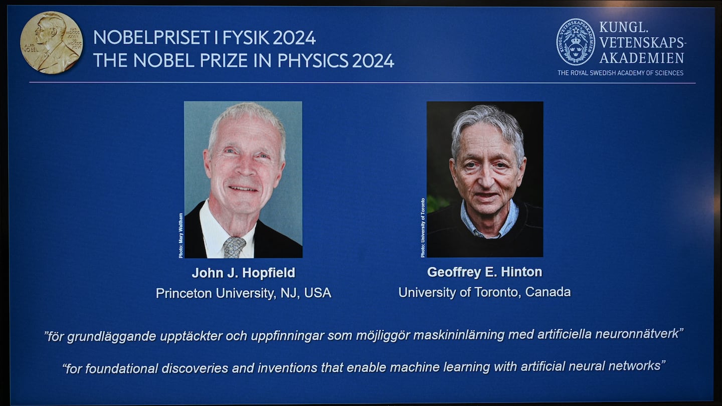 The laureates of the 2024 Nobel Prize in Physics, US physicist John J. Hopfield and Canadian-British computer scientist and cognitive psychologist Geoffrey E. Hinton, during the announcement by the Royal Swedish Academy of Sciences in Stockholm, Sweden on Tuesday.