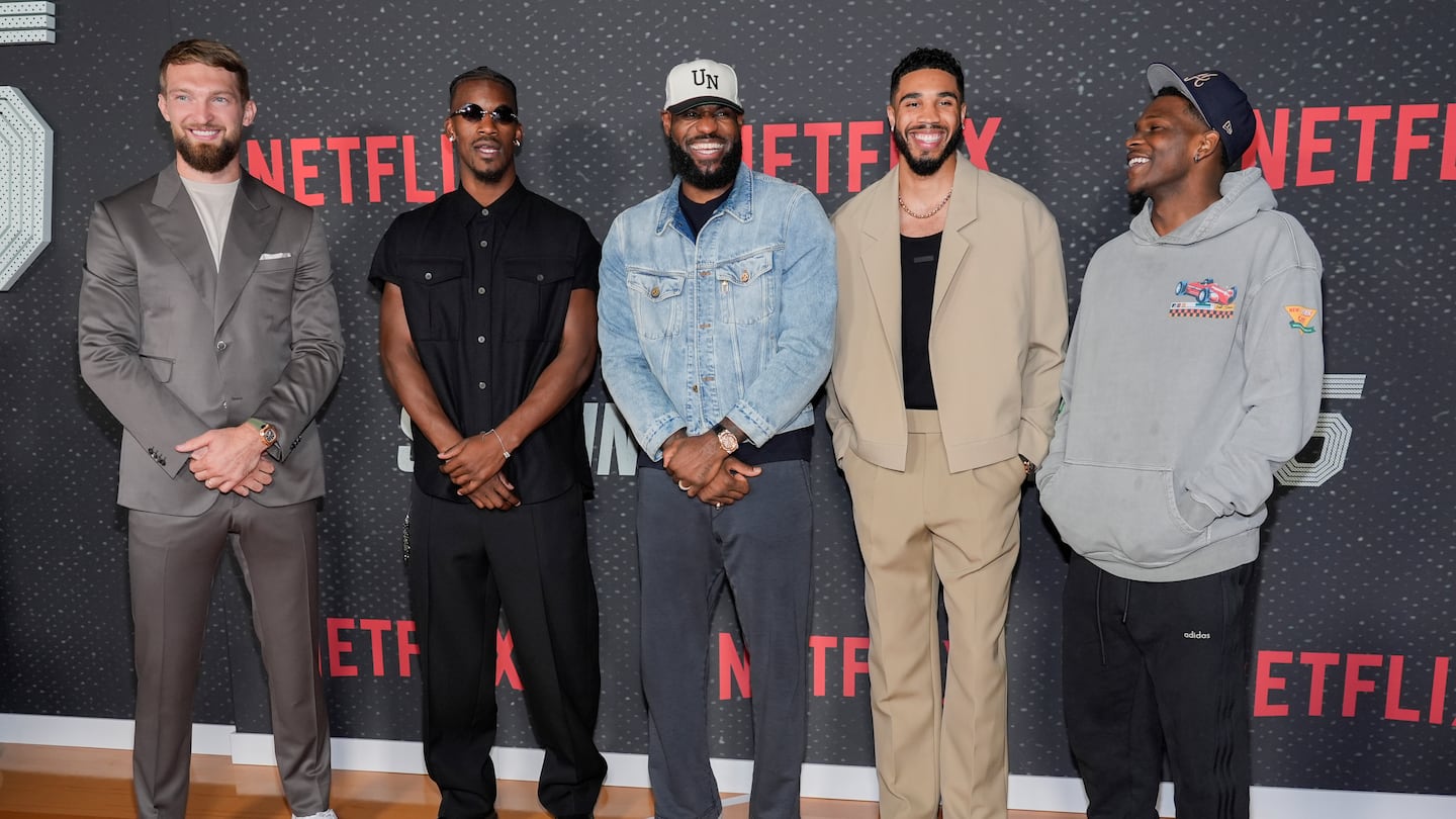 From left to right: Domantas Sabonis, Jimmy Butler, LeBron James, Jayson Tatum, and Anthony Edwards at the Los Angeles premiere of the "Starting 5" documentary series.