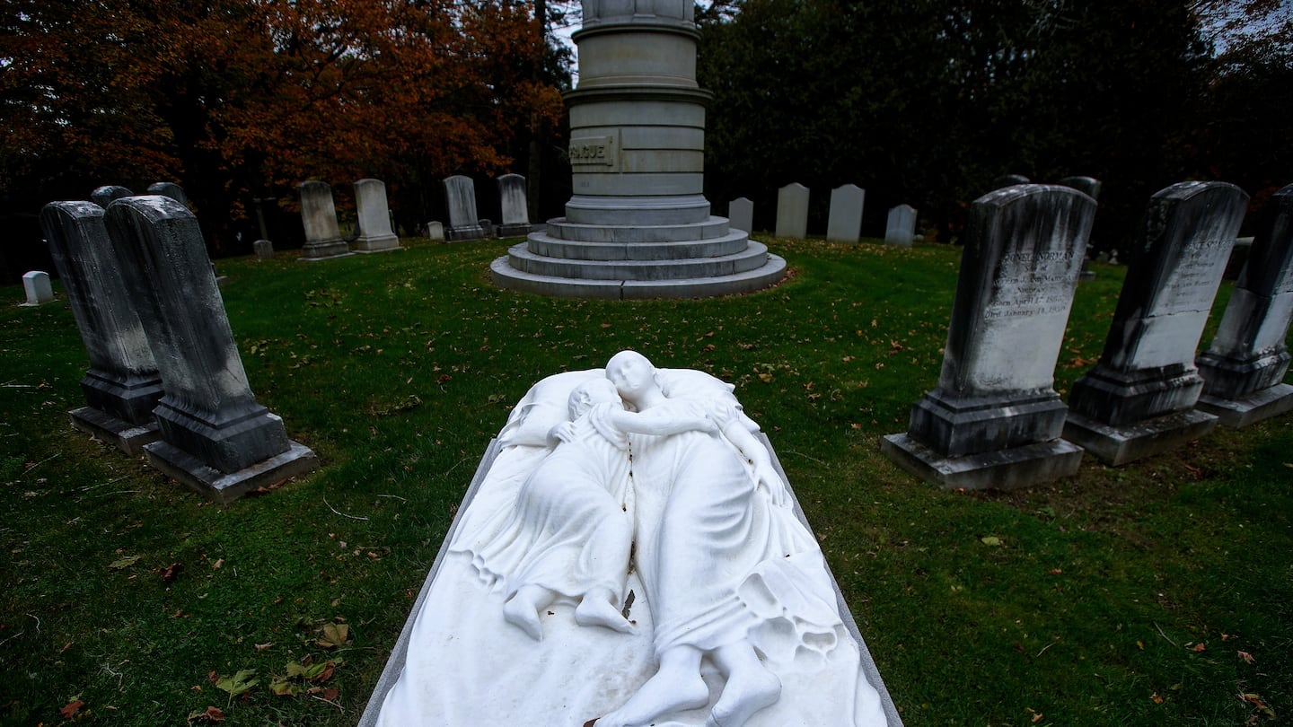 The Sprague lot containing “the sarcophagus with the giant figures memorializing the two elder children of Byron and Harriet Sprague,” at Swan Point Cemetery, in Providence, R.I.