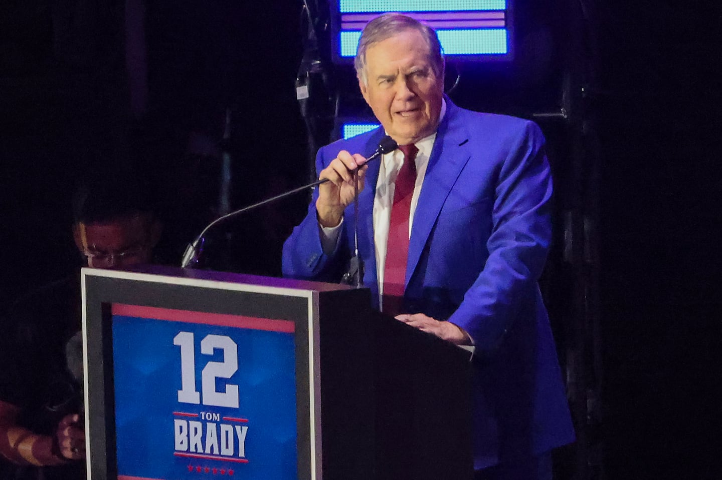 Bill Belichick speaking during Tom Brady's Hall of Fame Induction Ceremony at Gillette Stadium on June 12.