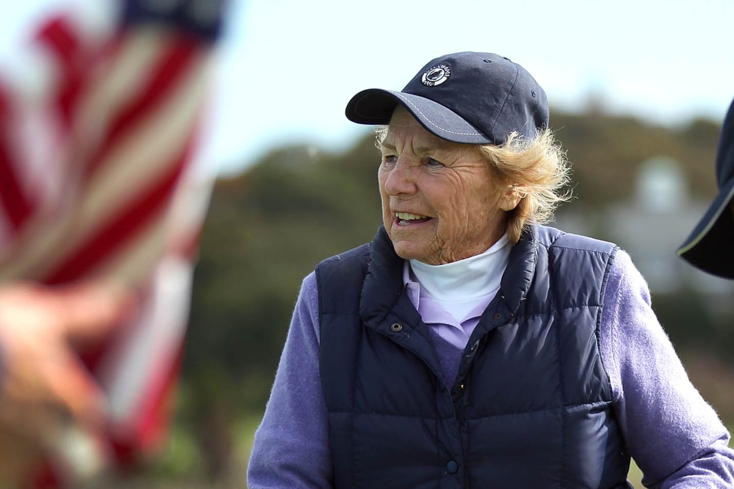 During the 2012 RFK Center Celebrity Golf Fundraiser at the Hyannisport Club, Ethel Kennedy made a putt on the 5th green as an American flag, used as the pin flag, was held.