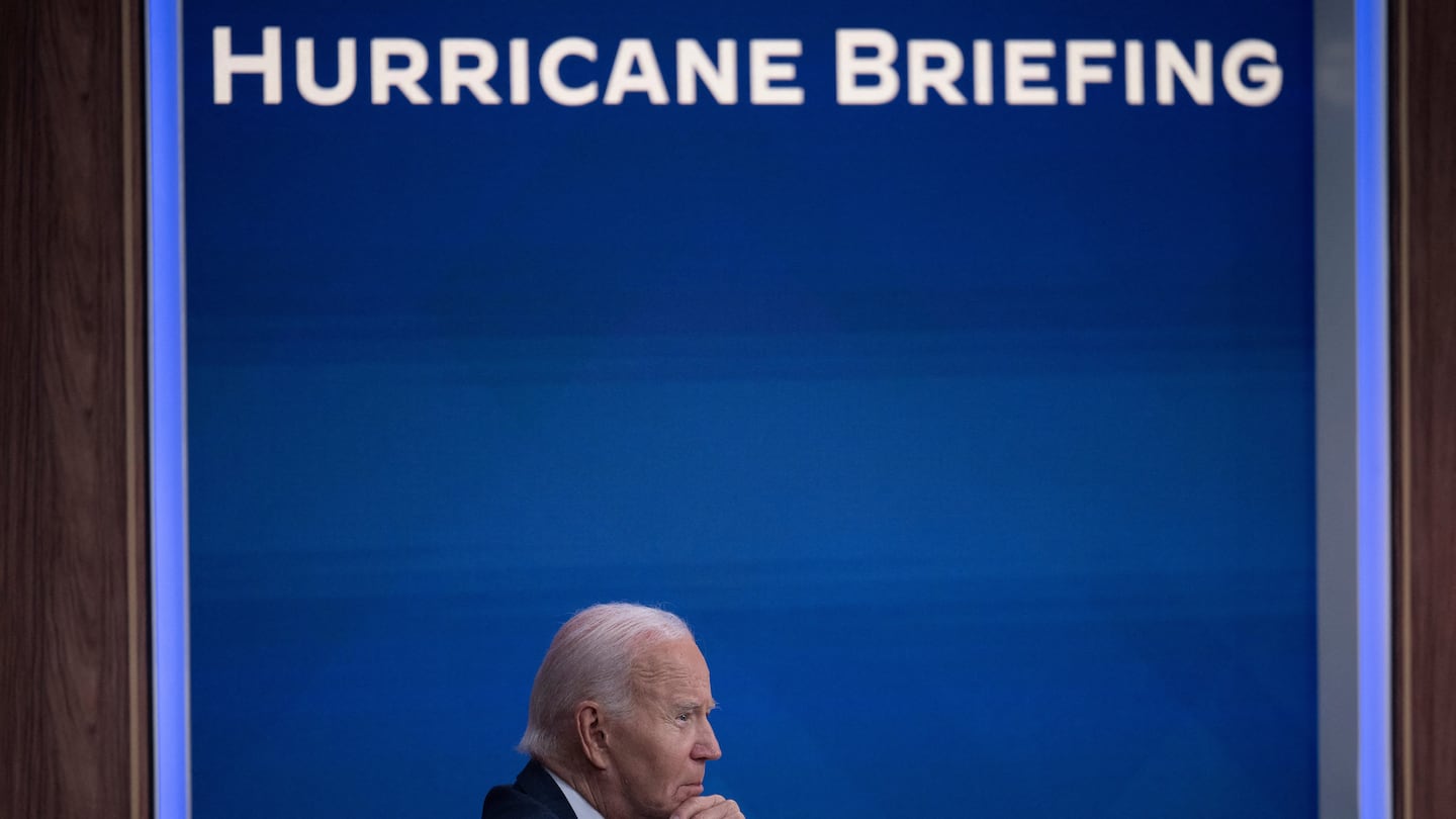 US President Joe Biden listened during a briefing about Hurricane Milton in the Eisenhower Executive Office Building on Wednesday.