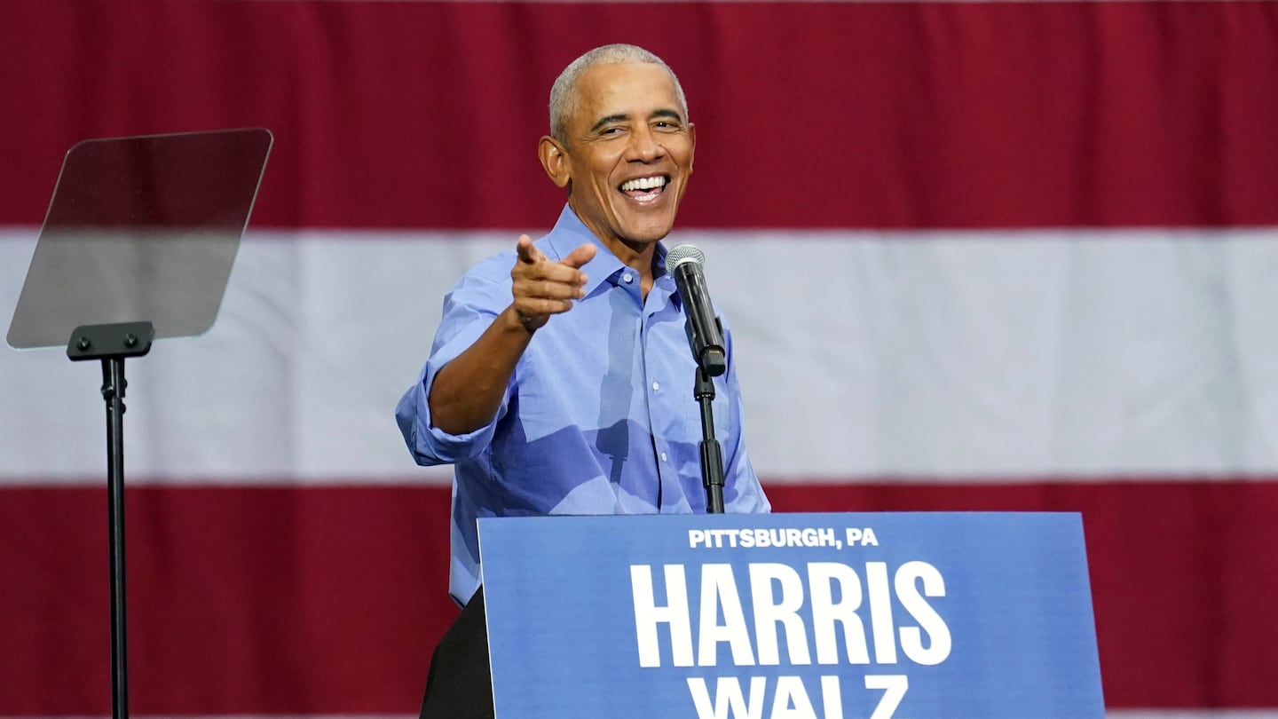 Former President Barack Obama speaks during a campaign rally supporting Democratic presidential nominee Vice President Kamala Harris, Thursday, Oct. 10, 2024, at the University of Pittsburgh's Fitzgerald Field House in Pittsburgh.