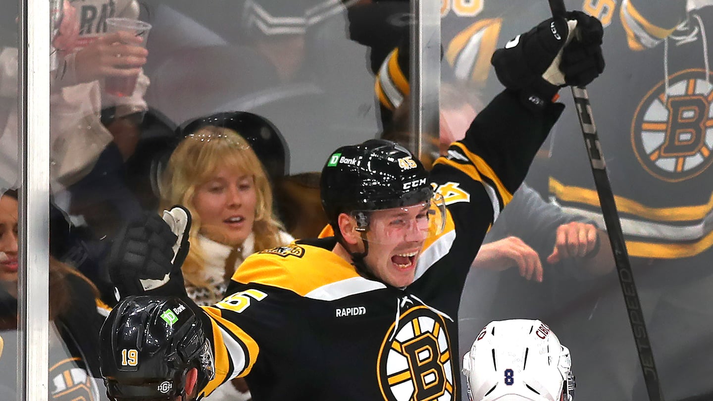 Cole Koepke celebrated his first goal as Bruin, which gave Boston a 5-2 lead late in the second period.