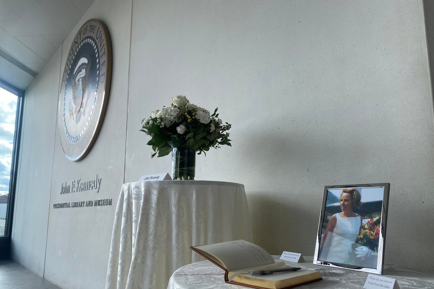 The memorial for Ethel Kennedy in the lobby of the John F Kennedy Presidential Library and Museum in Dorchester on Thursday.