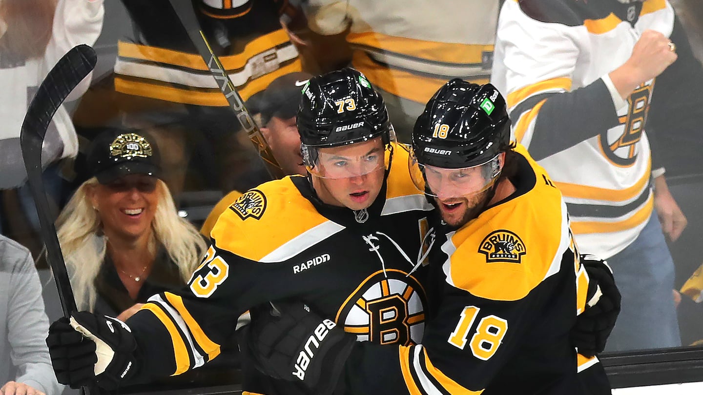 Charlie McAvoy (left) celebrated his first-period goal against Montreal Thursday with Pavel Zacha.