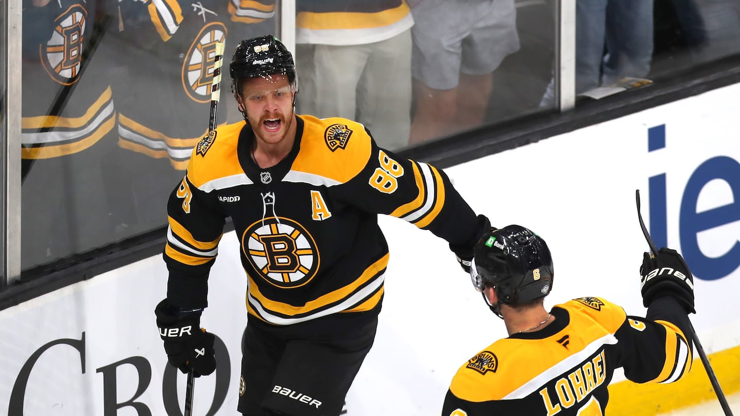 David Pastrnak ended it in overtime for the Bruins, scoring for the third time in as many games, off a feed from defenseman Mason Lohrei.