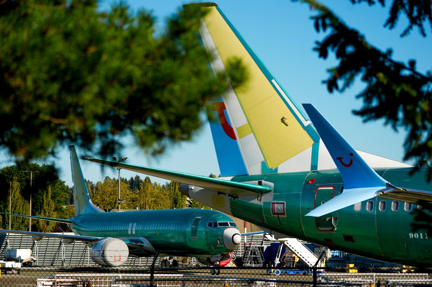 Unpainted Boeing 737 Max aircraft are seen on Sept. 24, 2024, at the company's facilities in Renton, Wash.