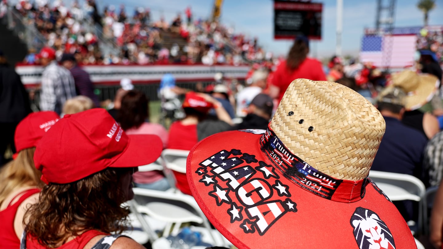 Supporters gather before a campaign rally for Republican presidential nominee, former U.S. President Donald Trump on October 12, 2024 in Coachella, California.