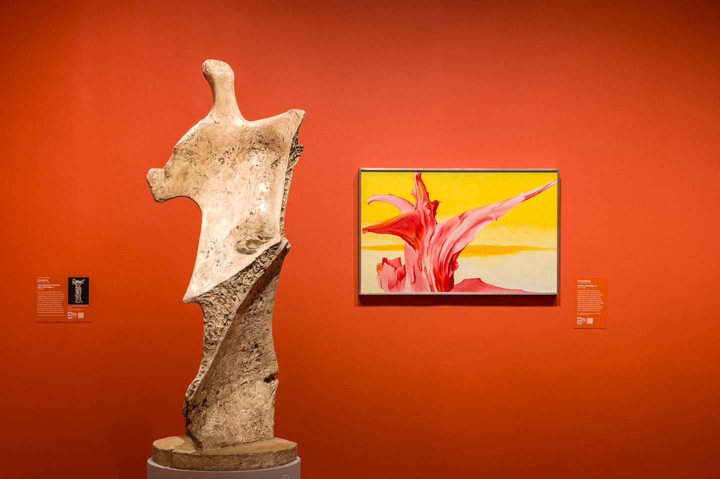 Left: Henry Moore, "Working Model for Standing Figure Knife Edge," 1961; right: Georgia O'Keeffe, "Red Tree, Yellow Sky," 1952.  At "Georgia O'Keeffe and Henry Moore," an exhibition at the Museum of Fine Arts, Boston.