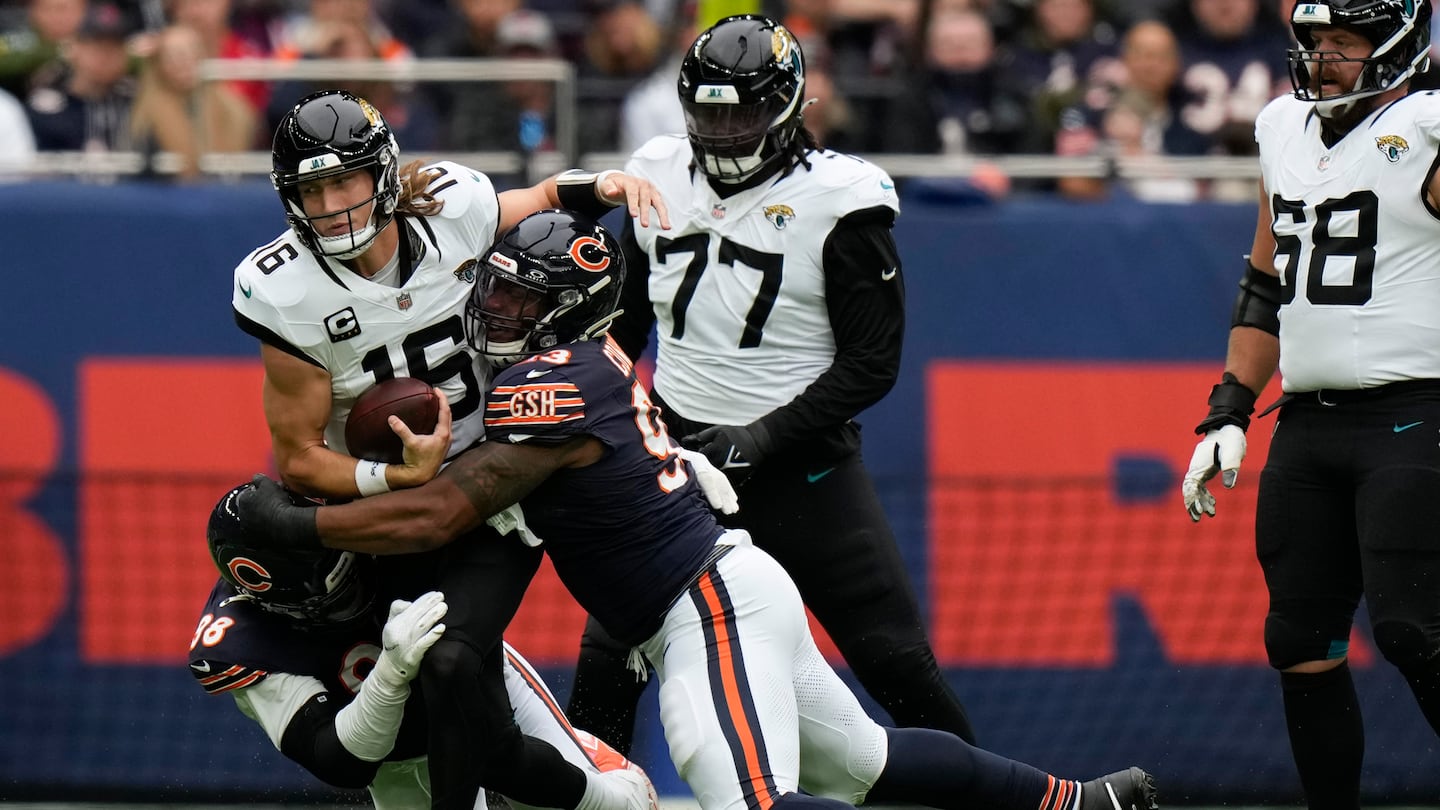 Trevor Lawrence was sacked three times and threw an interception in the Jaguars' loss to the Bears in London.