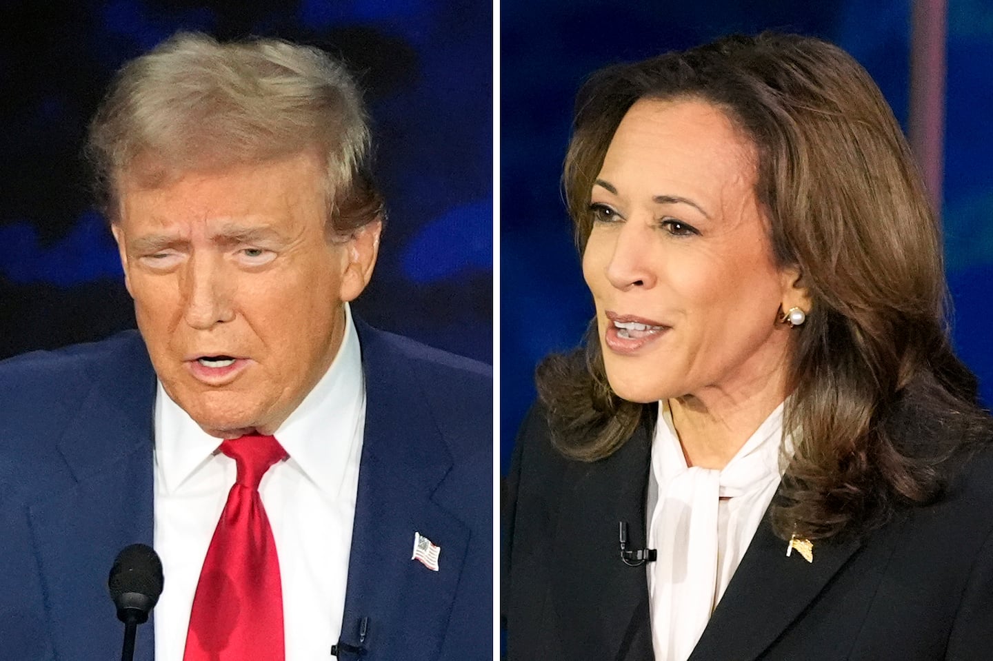 This combination of photos shows Republican presidential nominee former president Donald Trump, left, and Democratic presidential nominee Vice President Kamala Harris during an ABC News presidential debate at the National Constitution Center, Sept. 10, 2024, in Philadelphia.