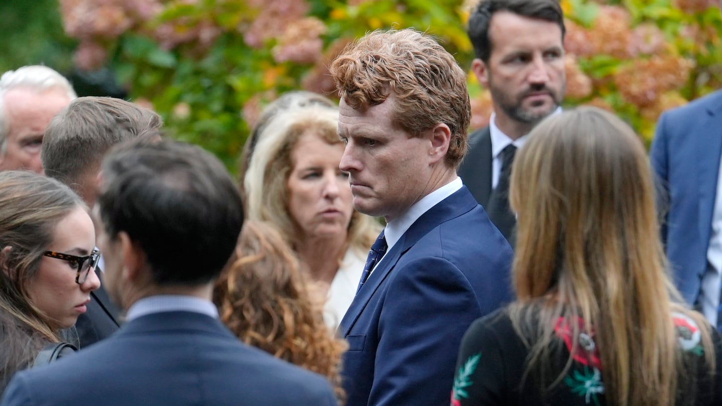 Joseph Kennedy III, center right, grandson of the late Ethel Kennedy arrives at Our Lady of Victory church, for Ethel Kennedy's funeral, Monday, Oct. 14, 2024, in Centerville, Mass.