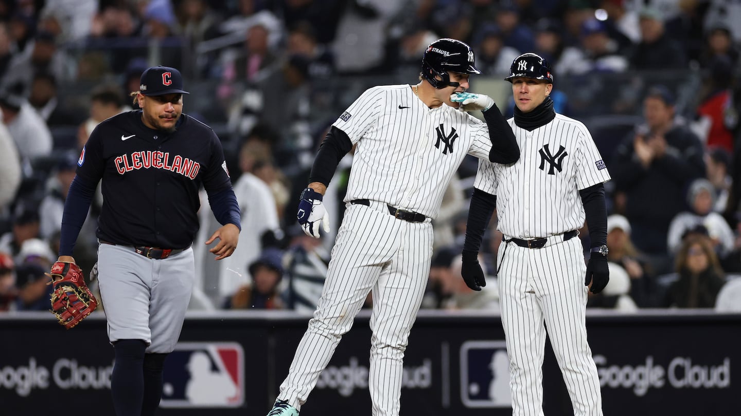 Anthony Rizzo #48 of the New York Yankees reacts after hitting a single during the 2nd inning of Game One of the American League Championship Series against the Cleveland Guardians at Yankee Stadium on October 14, 2024 in New York City. (Photo by Patrick Smith/Getty Images)