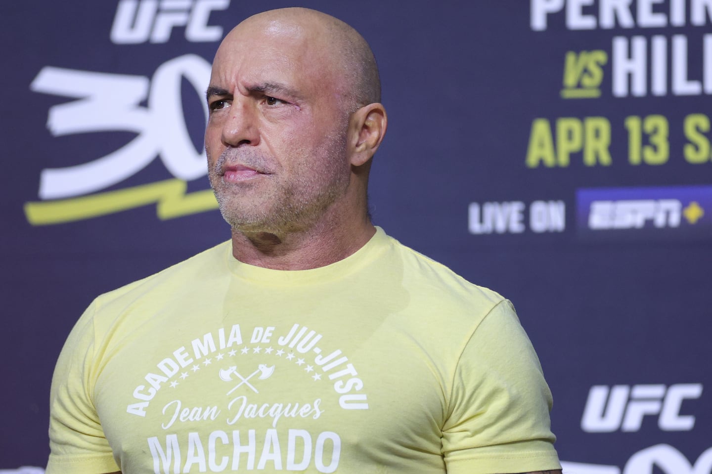 Joe Rogan emceed during the UFC 300 ceremonial weigh-in at MGM Grand Garden Arena on April 12, in Las Vegas.