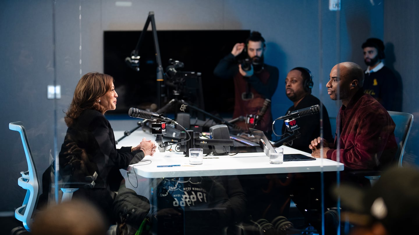 Vice President Kamala Harris, the Democratic presidential nominee, speaks with Charlamagne Tha God, right, for a radio town hall in Detroit, on Tuesday, Oct. 15, 2024.