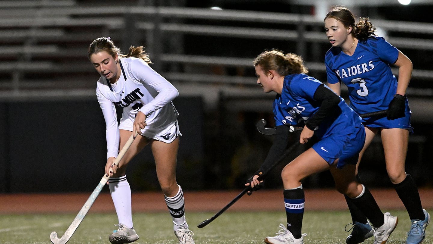 Belmont’s Mackenzie Clarke (left), who is verbally committed to UConn, tallied three goals in a 6-2 nonleague home win over Dover-Sherborn, giving Clarke 31 goals on the season.