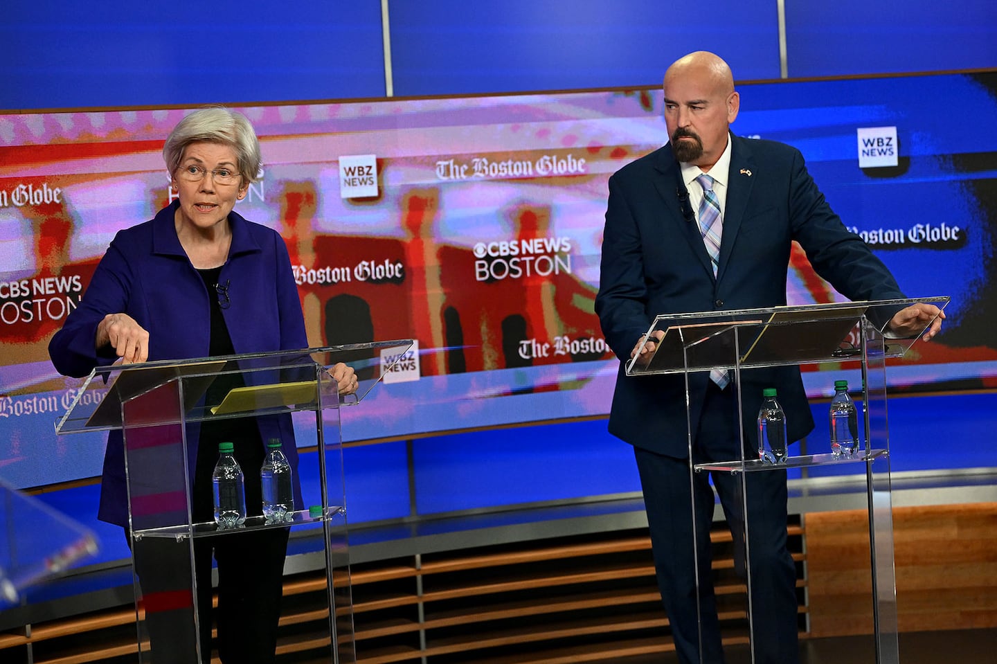 Senator Elizabeth Warren and GOP challenger John Deaton at their first televised debate in Boston, Tuesday, October 15, 2024.