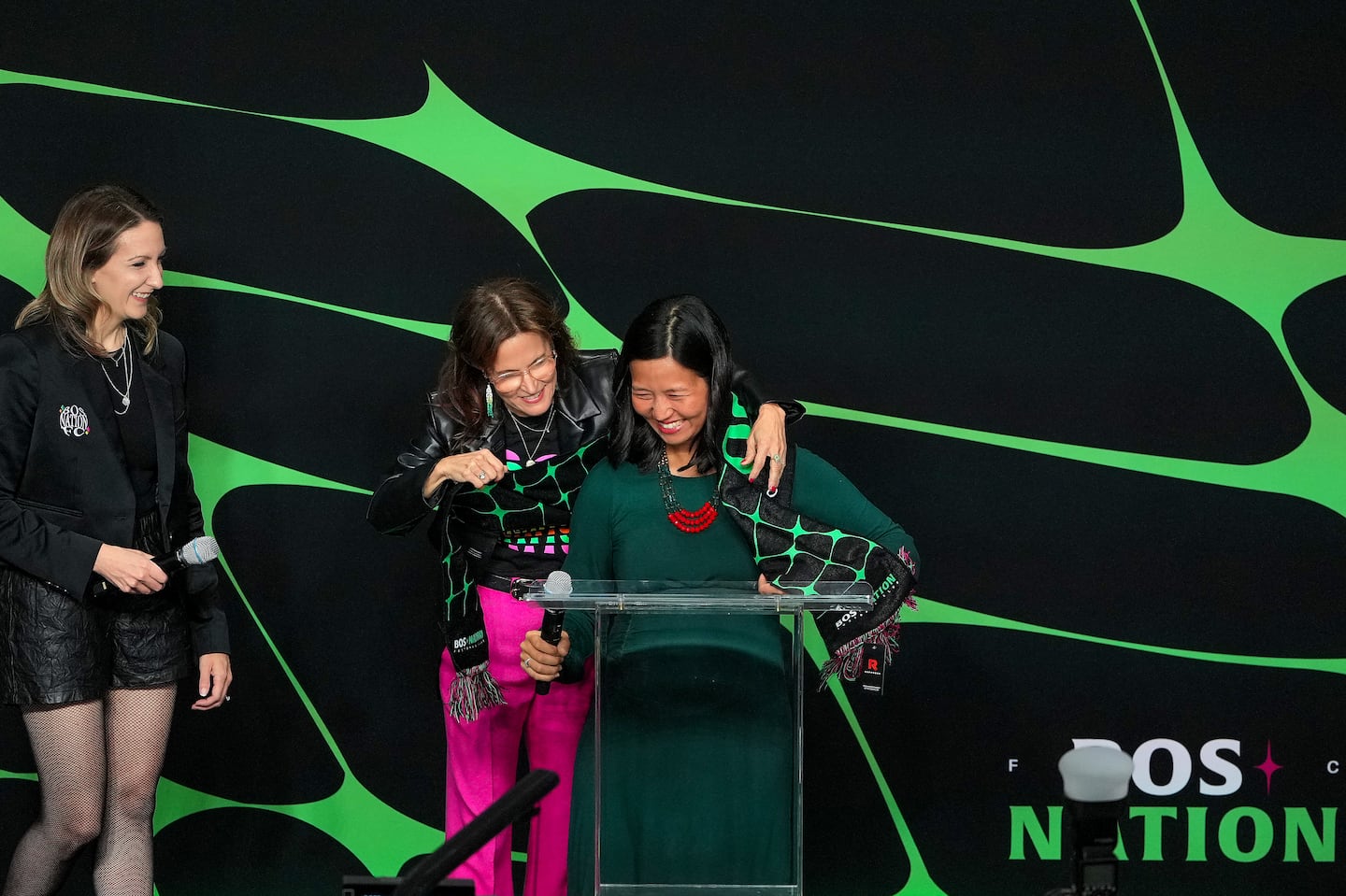 Boston Mayor Michelle Wu was presented with a BOS Nation FC team scarf at Tuesday night's kickoff celebration for the NWSL's Boston expansion franchise at Dick's House of Sport in Boston.