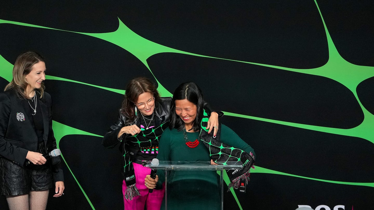 Boston Mayor Michelle Wu was presented with a BOS Nation FC team scarf at Tuesday night's kickoff celebration for the NWSL's Boston expansion franchise at Dick's House of Sport in Boston.