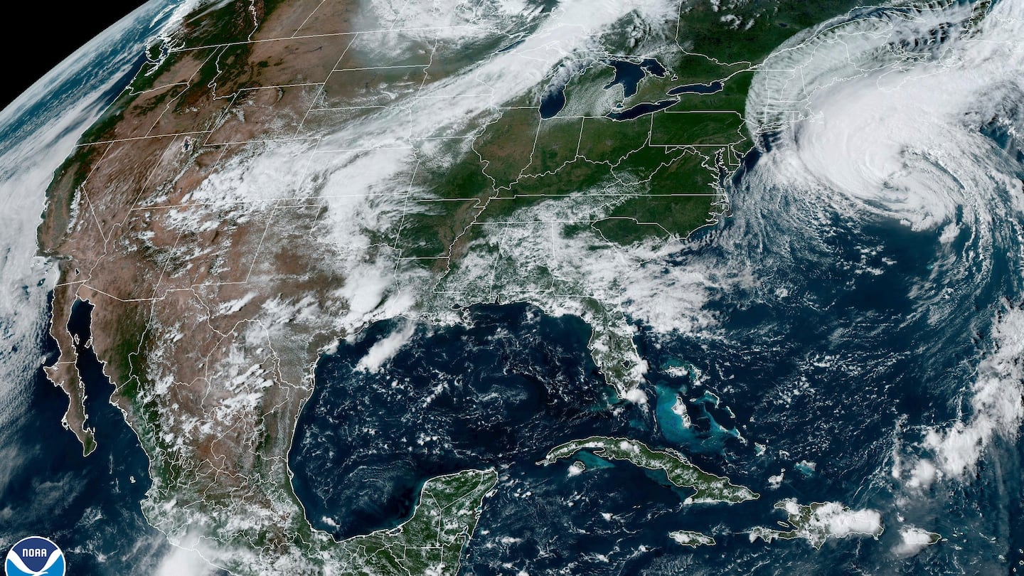 A satellite image provided by the National Oceanic and Atmospheric Administration showed Hurricane Lee near New England and Eastern Canada. A tropical storm warning extended from Maine through Massachusetts, with powerful gusts forecast, Sept. 15, 2023.