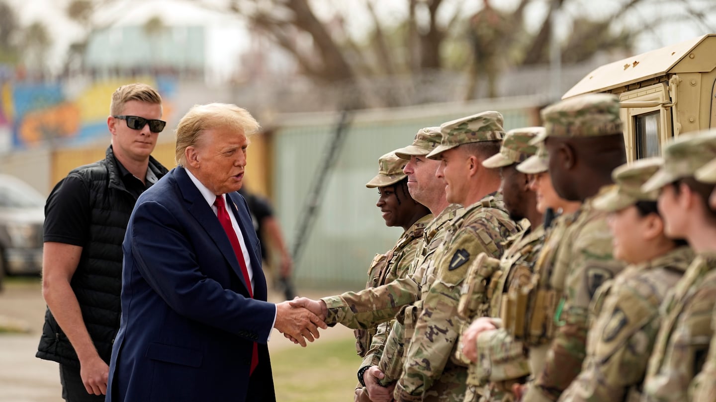 Republican presidential candidate former president Donald Trump greeted members of the National Guard on the US-Mexico border, Feb. 29, in Eagle Pass, Texas.