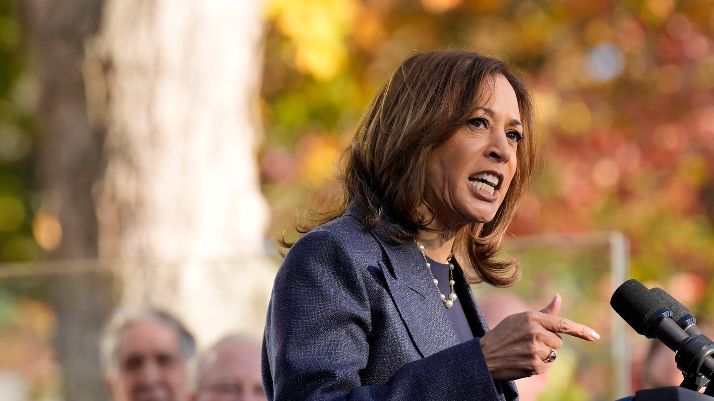 Democratic presidential nominee Vice President Kamala Harris speaks at a campaign event at Washington Crossing Historic Park on Oct. 16 in Washington Crossing, Pa.