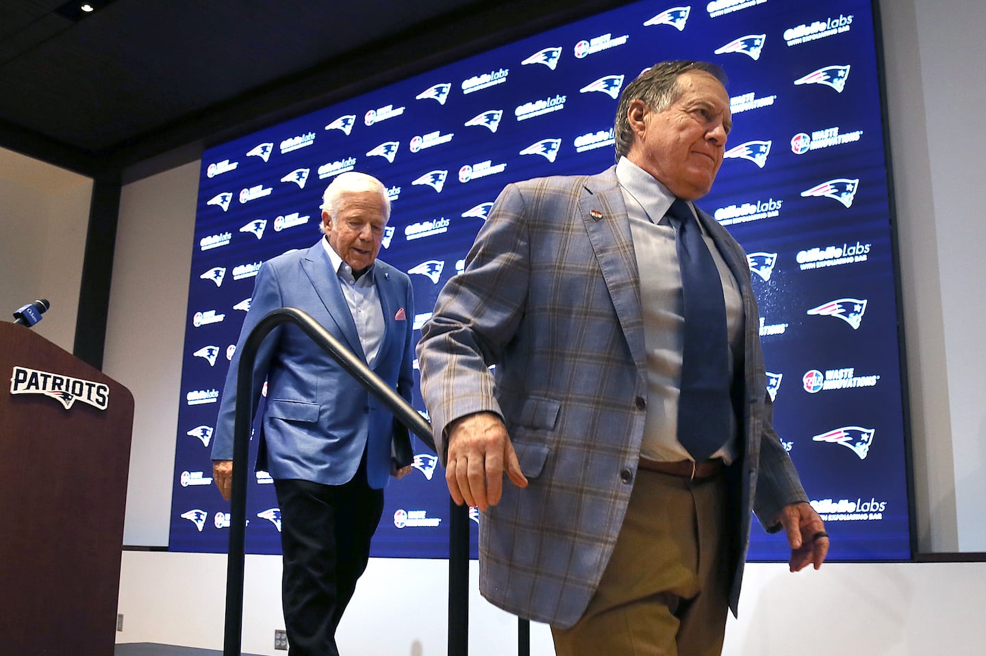 Robert Kraft (left) is changing his tune on the departure of Bill Belichick.