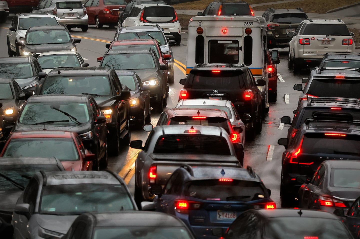 Afternoon rush hour traffic on the Jamaicaway in Boston in March.