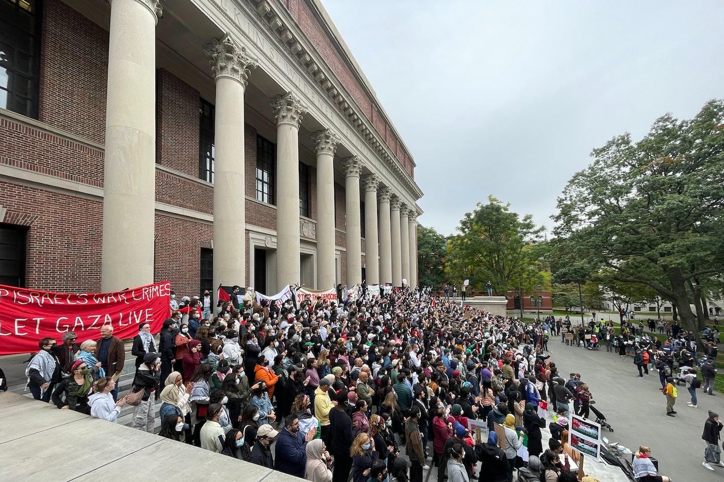 A student protest at Widener Library in Harvard Yard.