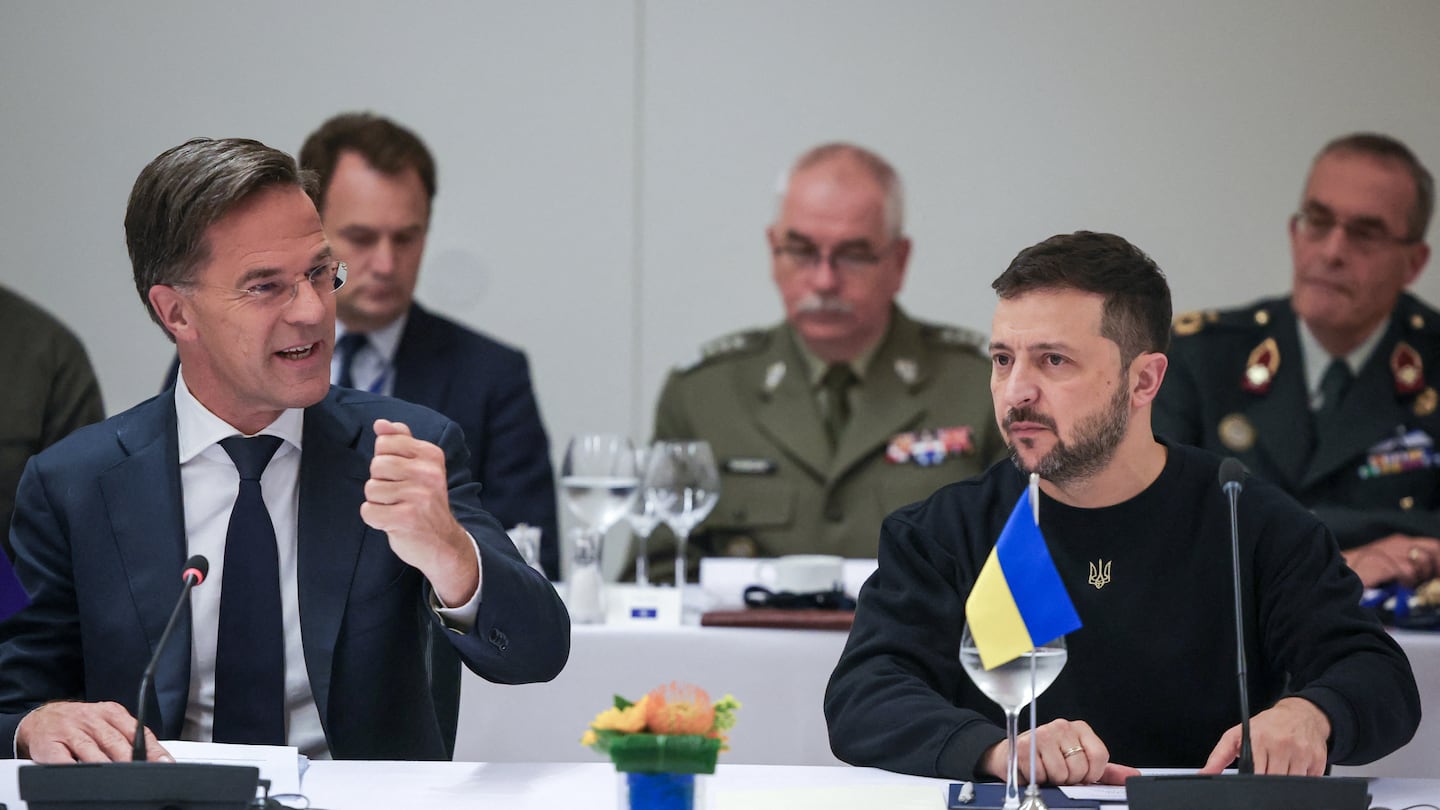 NATO Secretary General Mark Rutte (left) spoke during a conference Thursday with Ukraine's President Volodymyr Zelensky in Brussels.