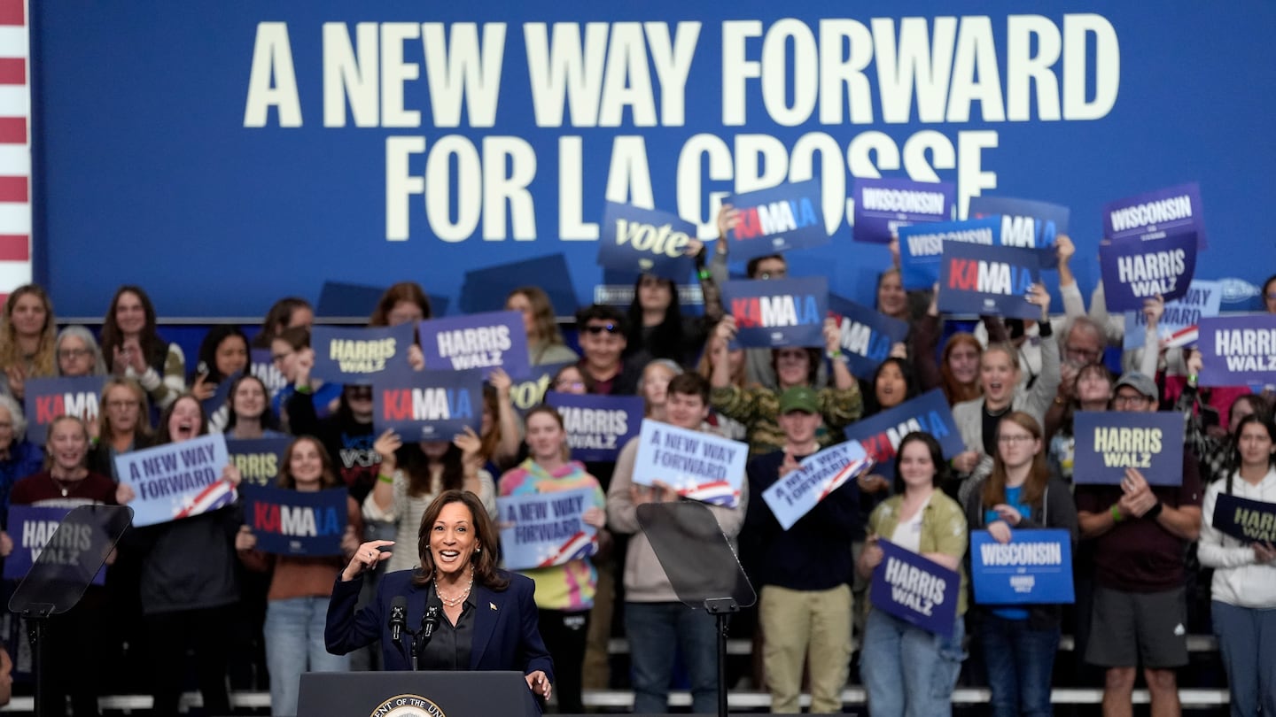 Vice President Kamala Harris speaks during a campaign rally at the University of Wisconsin La Crosse, in La Crosse, Wis., Thursday, Oct. 17, 2024.