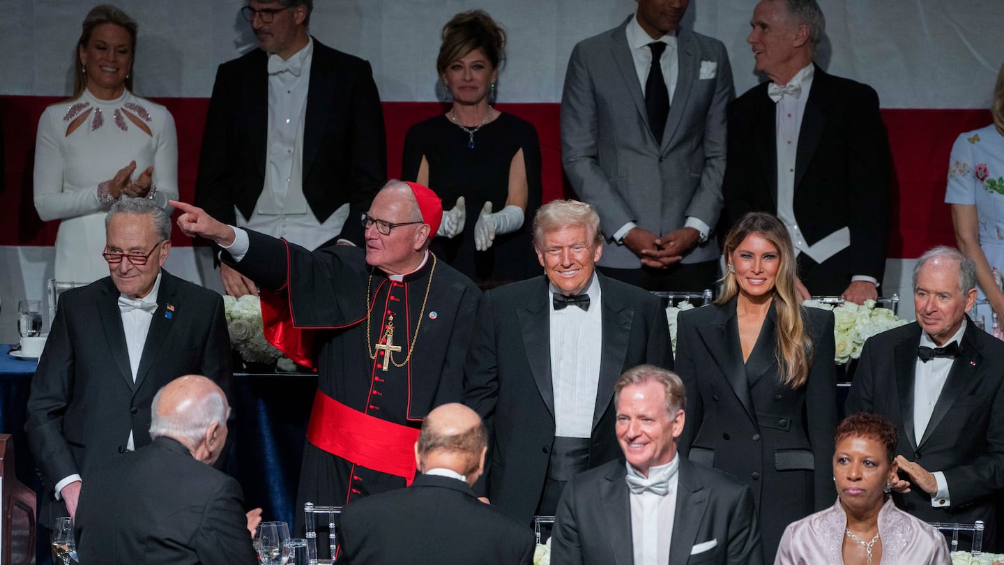 From left, Sen Chuck Schumer, Cardinal Timothy Dolan, Republican presidential nominee, former president Donald Trump, and his wife Melania Trump during the annual Alfred E. Smith Foundation Dinner at the New York Hilton Midtown in New York, on Oct. 17.