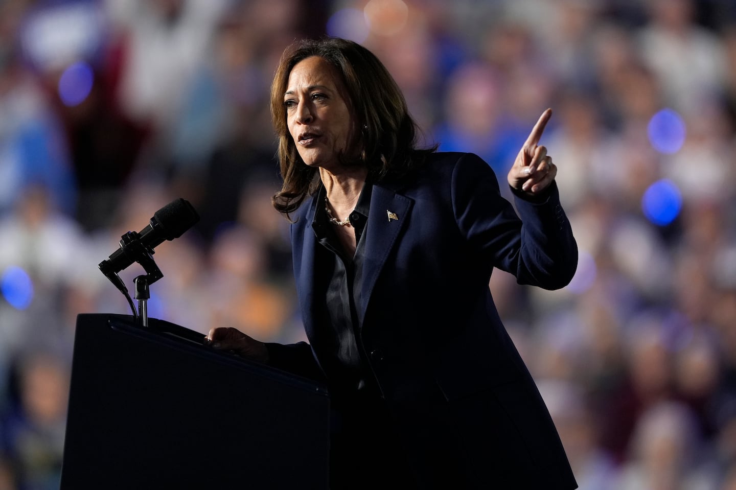 Democratic presidential nominee Vice President Kamala Harris speaks at a campaign rally at the Resch Expo in Green Bay, Wis., Thursday, Oct. 17, 2024.