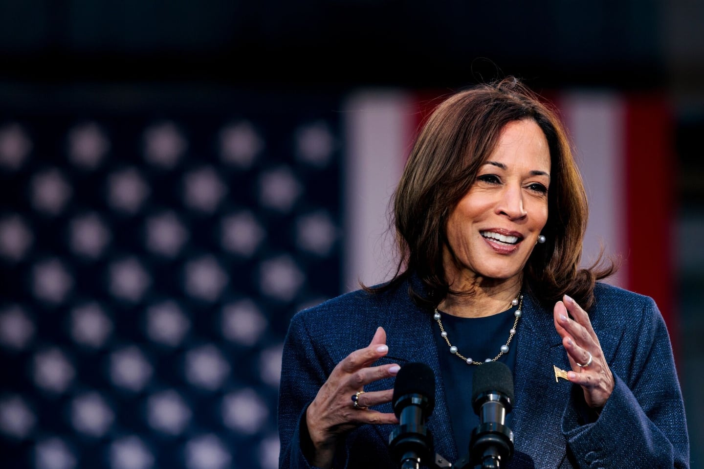 Kamala Harris during a campaign event at Washington Crossing Historic Park in Washington Crossing, Pa., on Oct. 16.