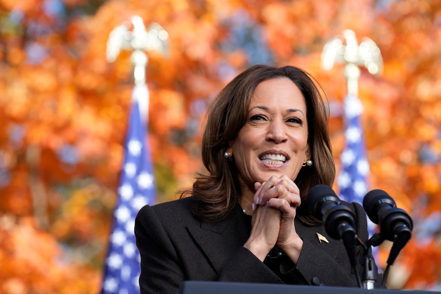 Democratic presidential nominee Vice President Kamala Harris speaks during a campaign event at Riverside Park in Grand Rapids, Mich., Friday, Oct. 18, 2024.